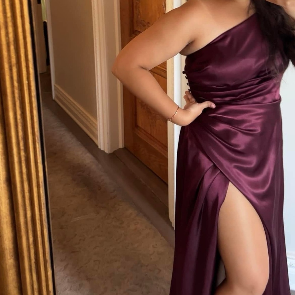 David's Bridal charmeuse draped one-shoulder bridesmaid dress